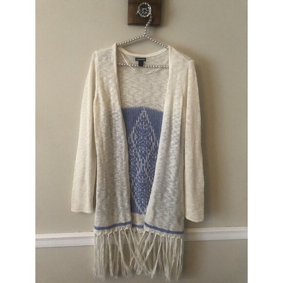 Joe Boxer Juniors Size Medium Cream Blue Fringed Sweater Long Sleeve Lightweight - Picture 1 of 3